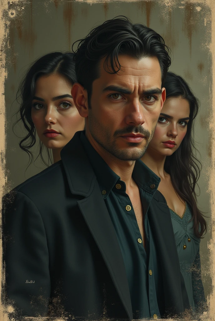 A realistic poster of the story " The Dead Star" by Paz Marquez Benitez ( 1 man, 30 years old, and two women 2) the man should be in front while the two women are in the back of the man. Vintage theme inlined with the title.