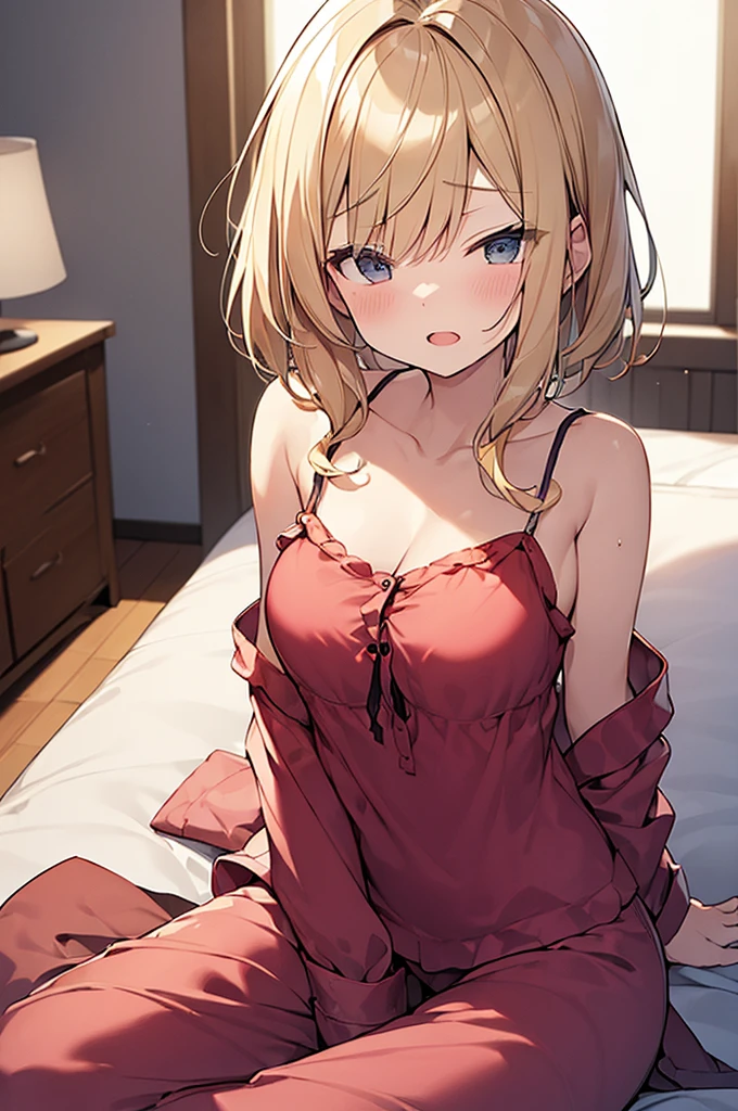 (Masterpiece, Top quality:1.5), sitting on the bed, (1 beautiful girl, solo:1.2), (short height:1.3), (Camisole and Silk Pajama Pants:1.3), strap slip:1.2, Blonde hair:1.1, medium Hair, wavy Hair, asymmetry bangs, swept bangs, airy hair, large breasts:1.2, (sleepy-eyed:1.3), blush:1.2, beautiful scene of bedroom, magnificent panorama view, blurry background, open mouth