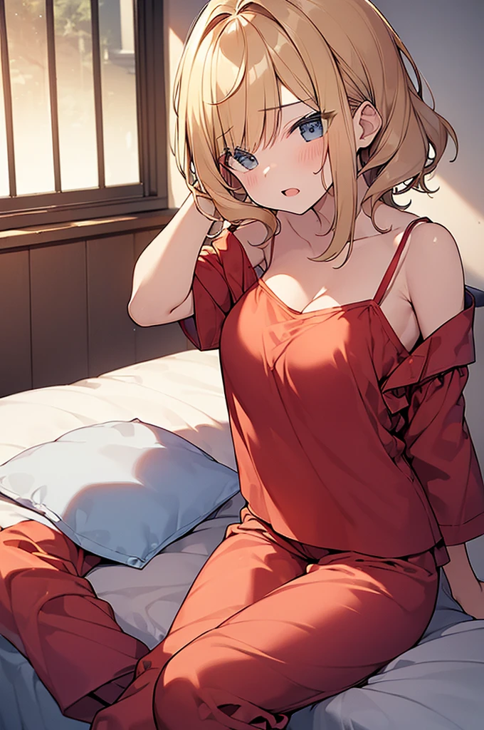 (Masterpiece, Top quality:1.5), sitting on the bed, (1 beautiful girl, solo:1.2), (short height:1.3), (Camisole and Silk Pajama Pants:1.3), strap slip:1.2, Blonde hair:1.1, medium Hair, wavy Hair, asymmetry bangs, swept bangs, airy hair, large breasts:1.2, (sleepy-eyed:1.3), blush:1.2, beautiful scene of bedroom, magnificent panorama view, blurry background, open mouth