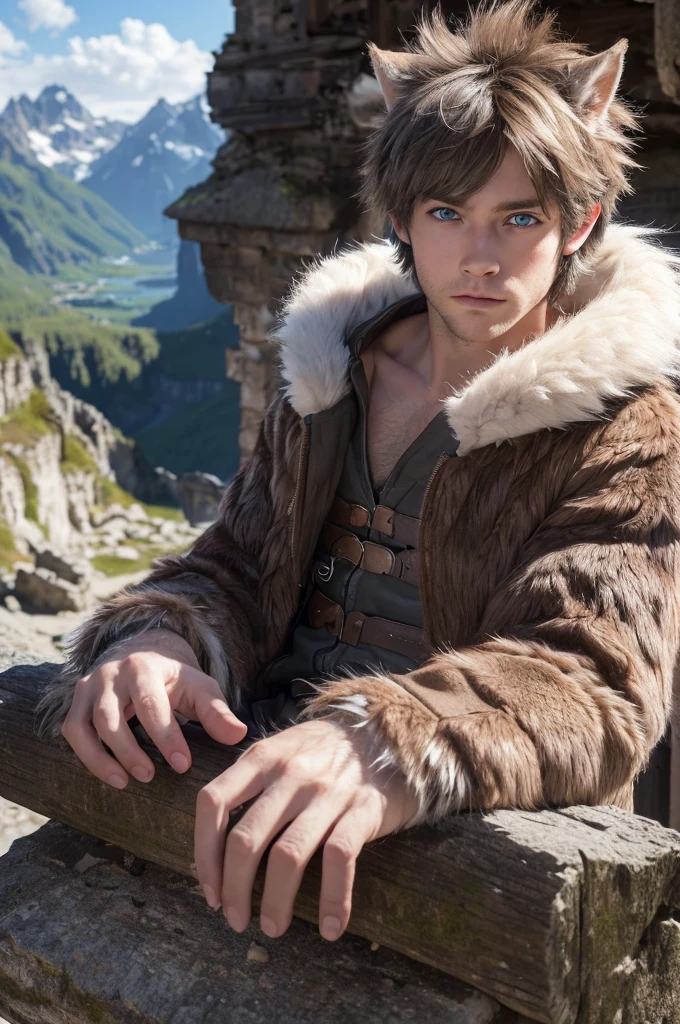 masterpiece,best quality,ultra-detailed,high resolution,extremely detailed,solo,fantasy,wolf beastman,boy, boy,(straight, shorthair),blue eyes,cute face,furry,grey fur,fluffy neck hair,(adventure clothes, brown), barefoot, ultra-detailed fur,( five-fingered), big picture, outside, village,