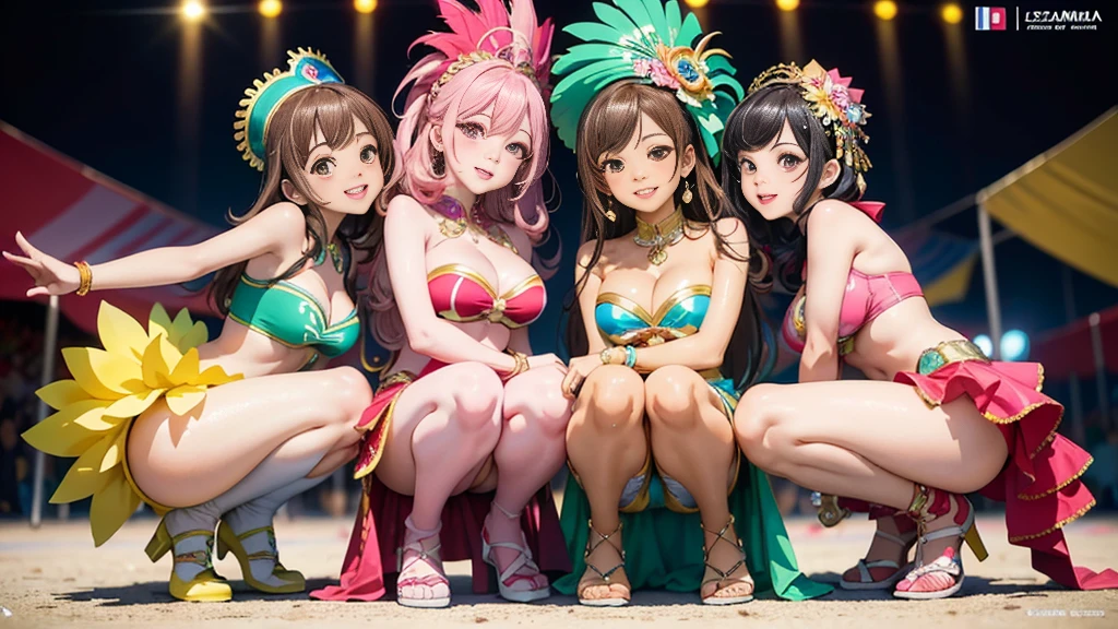 Masterpiece, ultra high quality anime style illustration, 8K, Samba Carnival in Rio de Janeiro. 1 very cute dancer, 2 cute girls, joyful smiles, squatting and resting, ((knees together)), ((legs close)), highly detailed faces, brown eyes, pink lips, natural makeup, flashy colorful outfits, revealing costumes, cleavage, visible navel, healthy thighs, beautiful legs.