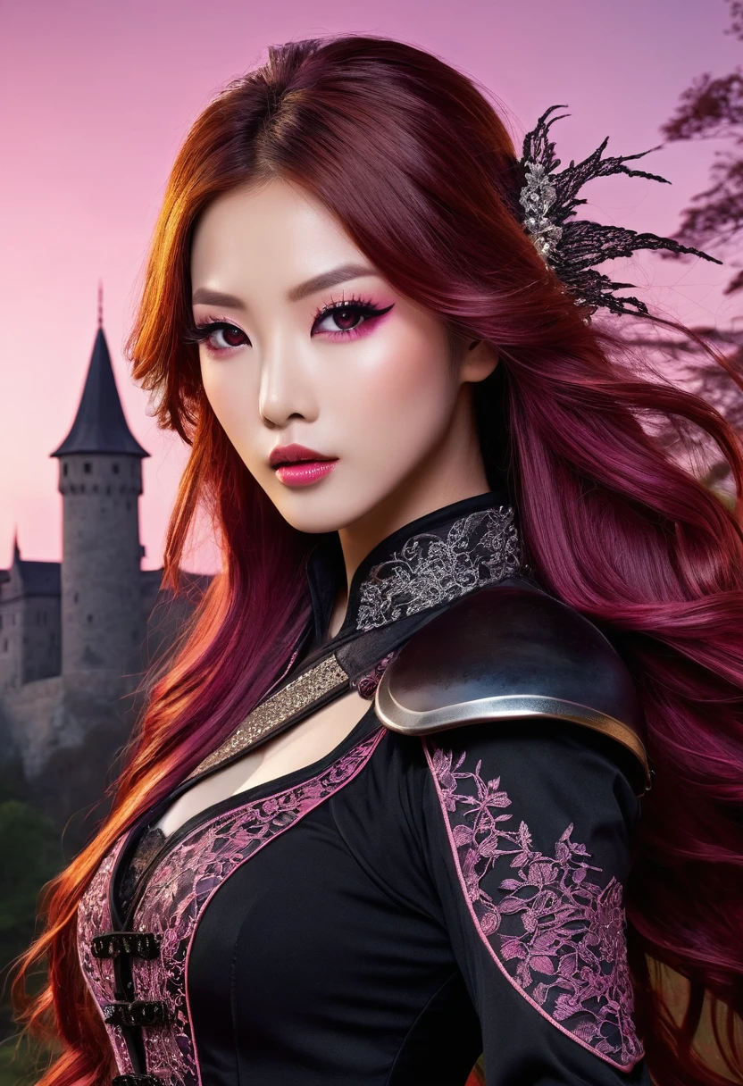 a long avatar-shaped woman with bright honey anime eyes, very voluminous lips and long dark red windblown hair with lighter highlights. Black ninja style clothing with long sleeves in black and burgundy lace, silver accessories with studded precious stones, holding in one hand an imposing and robust crystal sword raised high, in the background a castle illuminated with various gradient shades of pink and a village around lit up with some trees
