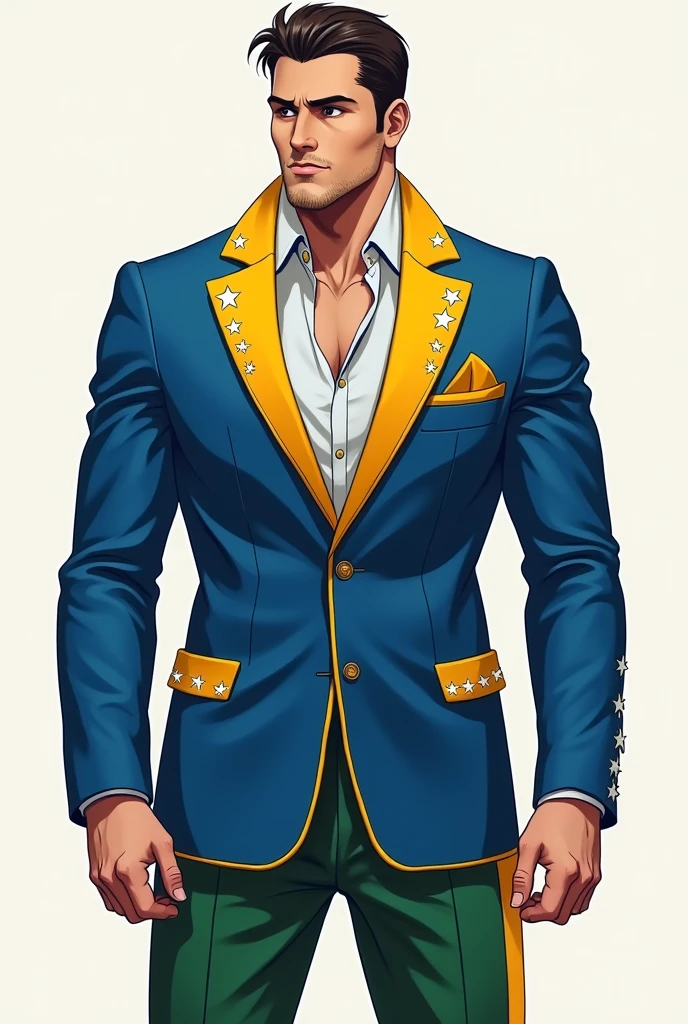 male body. Blue blazer with yellow details on the collar and pockets. White stars on the blazer. Green pants with yellow hem.
