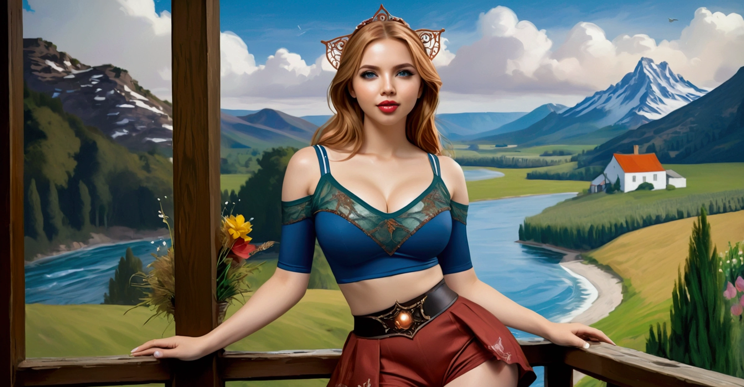 Beautiful Women Farm Girl Perfect Plump Lips Gingham Top Deep_cleavage Bare Midriff Short Shorts IDetailed Beautiful Eyes Gorgeous Smile HourGlass Figure Official Art Award Winning Digital Painting Digital Illustration Extreme Detail 4k Ultra Hd Rococo Polished Intricate Realistic Fantasy Art Sharp Focus Concept Art Art By Wlop Artgerm (2d Vector Illustration) Light Airy Hopeful. Stunning Combination Of Olivia Rodrigo Ariel Winter Molly Quinn Kim Kardashian
