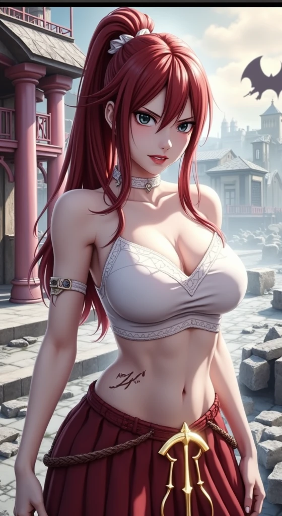 Here’s a detailed prompt to create an image of Erza Scarlet:
(Erza Scarlet:1.4), (Fairy Tail anime style:1.4), (masterpiece:1.4, best quality), (photo realistic:1.4), fierce and determined expression, dynamic battle pose, wearing her iconic armor with intricate details, (armor glowing with magical energy:1.2), long, flowing scarlet hair, holding a massive sword with a beautifully decorated hilt, (sharp and intense gaze:1.2), (powerful aura surrounding her:1.2), (background of a battlefield with rubble and flames:1.2), (dramatic lighting with strong contrasts:1.2), vibrant colors, rich textures, highly detailed armor and weapon, (dynamic composition with movement and energy:1.2), (deep reds:1.2), (metallic silver:1.2), high-quality and detailed, (epic and powerful atmosphere:1.2), captivating and commanding presence, perfect image quality, iconic and recognizable, strong sense of action and intensity