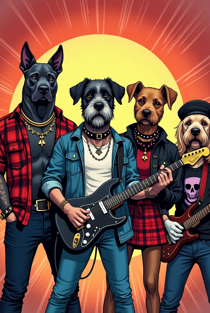 Create an American comic book style cover of a rock band made up of five dogs made up like this:
him: Rock band made up of dogs of different breeds that are described below.
-- DRUMMER: Dog Breed Pitbull Terrier Color Black with white, with black patch on left eye, Non-pointed conical stud necklace, leather handles using the same studs, Red and black plaid lumberjack shirt with folded or short sleeves.
- VOCALIST: Dog breed Schnauzer Color gray, with beard and pronounced eyebrows as indicated by the breed type, necklace and bracelets with a red background using the same type of studs, thin silver chain, white t-shirt and jean jacket with folded sleeves.
-GUITAR : Standard Poodle breed dog Black color, round cutter head, furry ears, pompoms in hands without bracelets, pink background studded necklace, red plaid skirt, black and white with jean blouse.
2nd GUITAR: Border Collie Dog Color White with Black, furry neck, studded handles and white gloves, black skeleton t-shirt and jeans.
low: Perro raza Golden Doodle
Color beige, dressed in red lumberjack shirt, black and white leaving it open, black beret,scarf around the neck and studded bracelets.