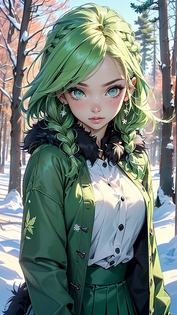 cute  Fairy,(((a bit ,tiny a bit body,a bit))),((())),((anime Fairy  with extremely cute and beautiful Green Hair)), (((Fairy))), (((Fairy ears))),

(((Flat Chest))),((((Green Hair:1.35,messy Green Hair,Braided hair, Dreadlocks,Hair above the eyes,Inner hair color,Ear breathing)))),(((Green Eyes:1.3,Upturned eyes:1.3,Perfect Eyes,Beautiful attention to detail,虹はSuper detailedな緑の黄色の目を光らせます:1.1,Gradient Eye:1,Beautiful, detailed eyes:1,Symmetrical eyes:1,Big highlight on the eyes:1.2))),(((Shiny skin:1.5,Light Skin: 1.5,Sunburned skin,Glowing Skin,very Glowing Skin,Shiny body,Plastic Glitter Skin,exaggerated Glowing Skin,Reflex muscles))),(Delicate and fine fingers,Detailed body,Detailed Weapons,Human hand,(Detailed face)),

cute,Lewd,erotic,Bold,(Browsing Caution),

(((Creeper on his body))),Revealing clothing,Show some skin,(((Sexy green fur coat, Green fur coat costume, Wearing a green fur coat:1.3,green winter coat))), ((Green mini skirt,Green miniskirt with shaggy edges,Visible ties)),(White gloves,Green clothes,Half naked,with a bit green clothing,((((Fur-trimmed clothing)))),(((leaves and Flowers in her clothes,Leaves on her clothes, Flowers in her clothes,Leaves and flowers in her hair))),(Detailed costume,Detailed clothing),

(Dynamic pose:1.0),Focus Only,Embarrassing,Centered,Scale to fit dimensions,Three-part method,

winter,Snowstorm in the background,(Pine Forest),Detailed Background:1.25,Snowy forest background,Christmas tree,

High resolution, Sharp focus, (Super detailed, Very detailed), (Photorealistic artwork:1.37), 8k wallpaper,((Vibrant colors)),(Complex),masterpiece,(Highest quality),
