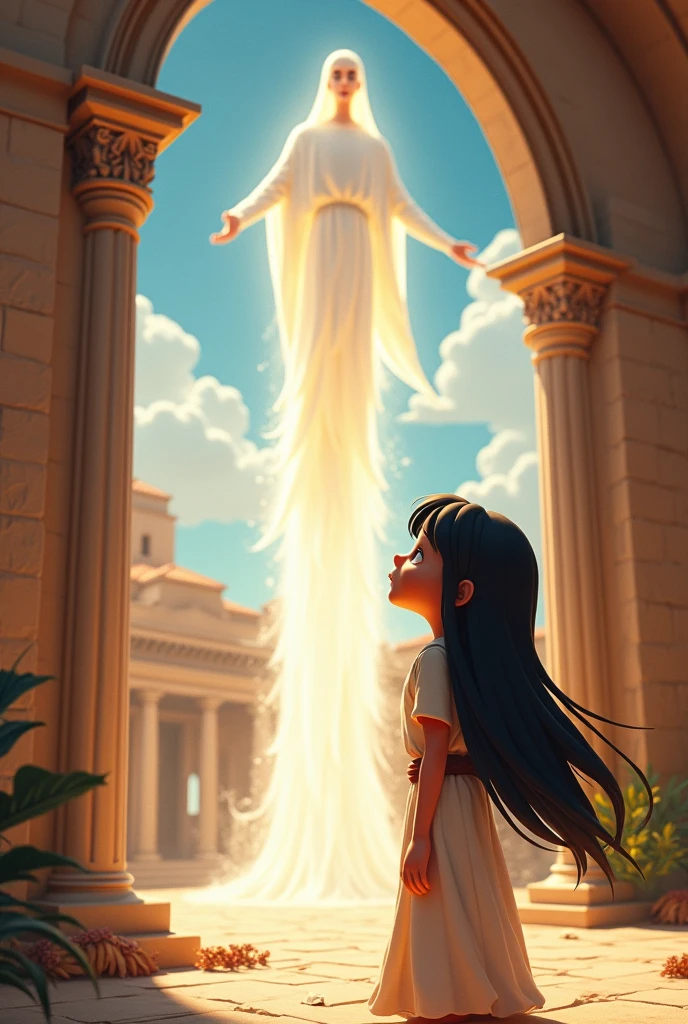 Big 3D cartoon girl, Pretty with straight black hair and black eyes, dressed in a long biblical-style tunic, she shows astonishment in front of a large angel who is greeting her, Inside a house in a village in ancient Jerusalem .