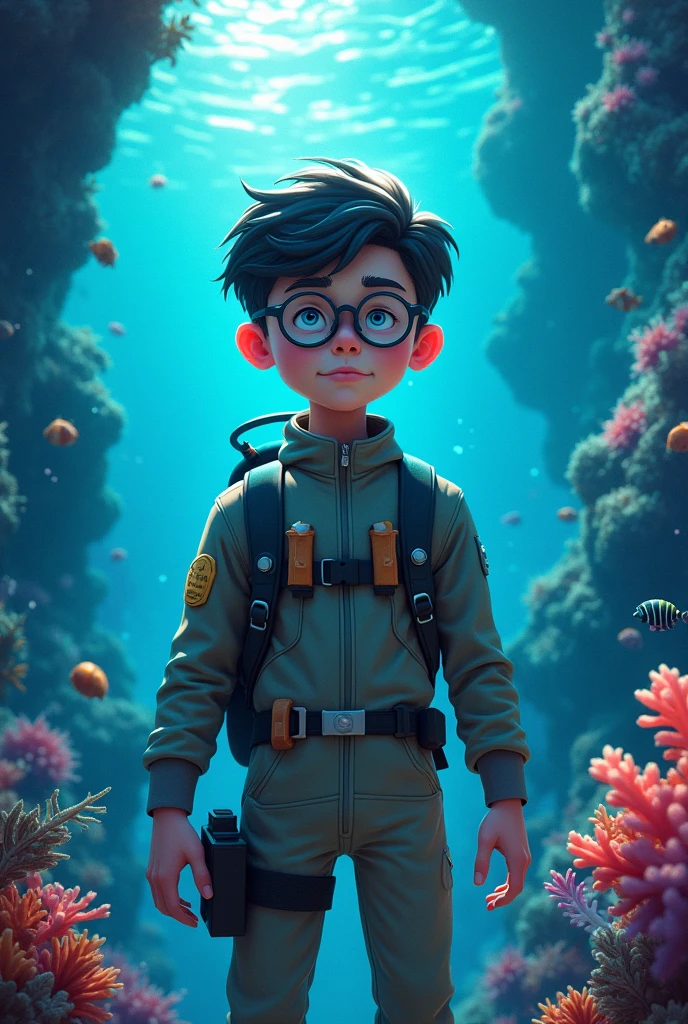 A teenage boy spawned a male marine biologist with glasses