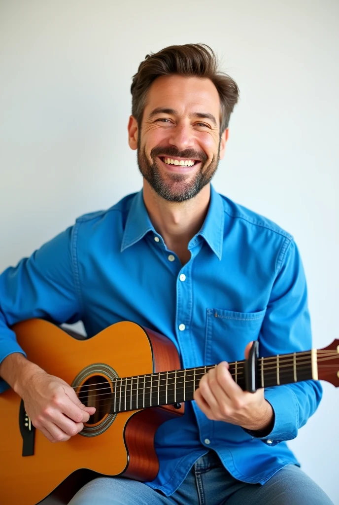make a picture of a man with a blue shirt, sitting with the guitar on his lap. This man must be smiling and facing the camera looking at it. every image must be well lit and the background must be white and smooth, i.e., the image should only contain the man and the guitar
