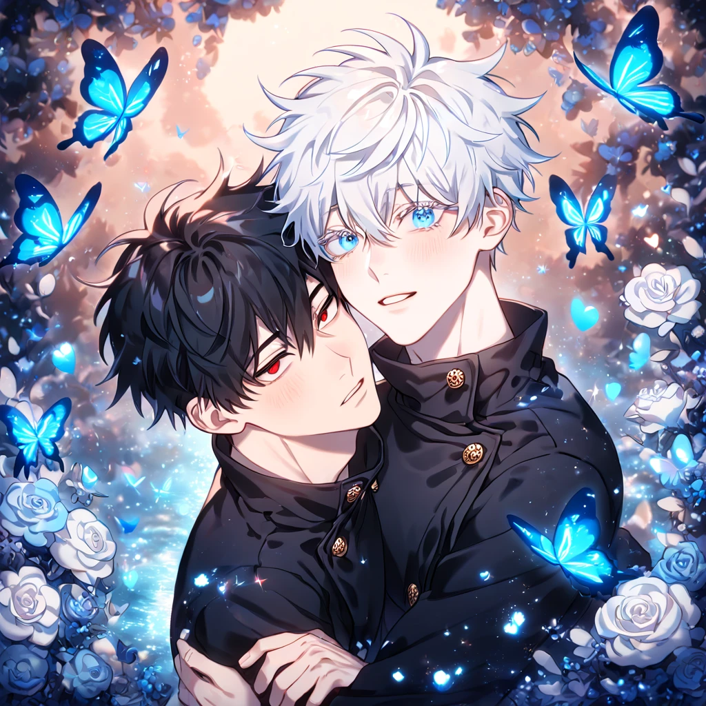 absurdres, highres, ultra detailed, HDR) master piece, best quality, extremely detailed, detailed eyes, detailed face, delicated features, Kang Woojin, black hair, messy hair, expressive red eyes, Love Jinx, Gojou Satoru, white hair, expressive blue eyes, white eyelashes, two sexy men hugging, yaoi, gay couple, in love, handsome, jujutsu Kaisen uniform, black uniform, high collar, fantasy, magical, glittering, water, blue flames, blue moon, blue flowers, blue butterflies, garden, Jujutsu Kaisen