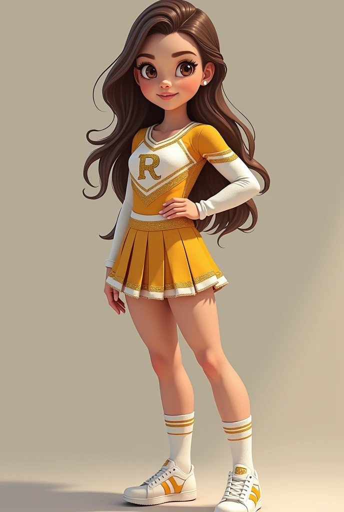 Make a cheerleader suit with gold and white ang little bit of brown colors longsleevewith R symbol make it elegant and beautiful with white socks and gold and brown stripes on it make the skirt look very demure and elegant make it look like sparkly ang beautiful 

