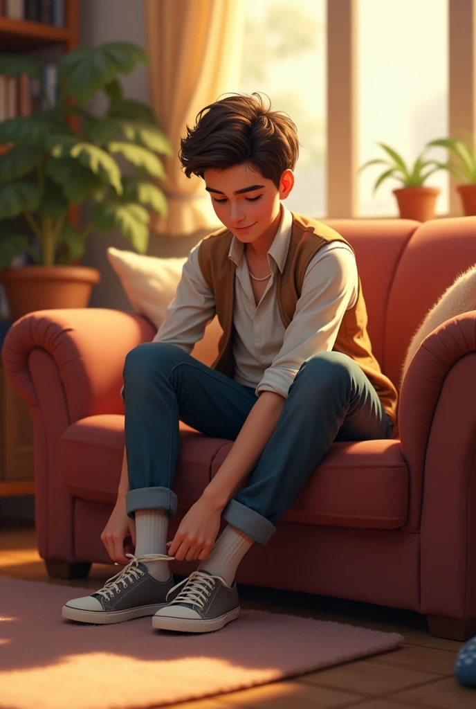 Draw a handsome boy taking his shoes off in a friends house with socks 