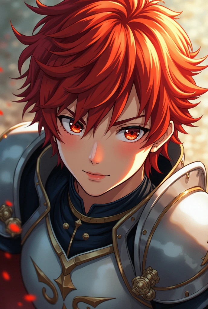 A boy in the style of Knights of the Zodiac (the lost canvas) Red-hair. attractive, handsome, muscular, with silver armor, Art image from the shoulders up