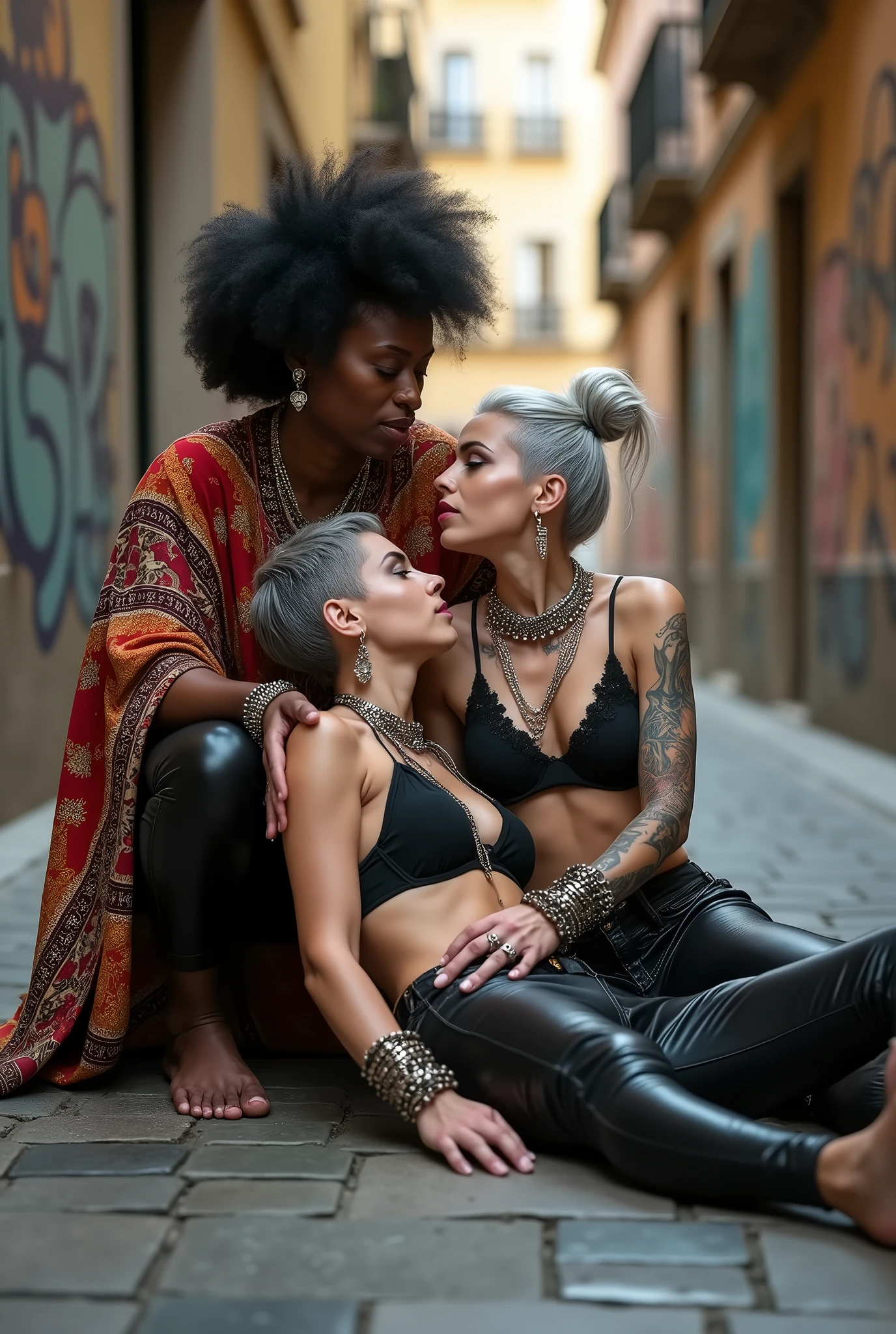 Three russian old milf women: the strong, muscular , dominant dark skinned gipsy woman (black afro, long african traditional colourful tunic, barefoot), squatting with possessive stance (arms around her two girlfriends' necks). At her feet, lying on the ground,her two caucasian girlfriends (pale faces, pale necks, pale chest, pale stomach, pale arms, pale hands, pale feet) groping and kissing each other, weak, light grey hair, submissive and needy, feeling defeated and needy, in laid back postures with hands touching their thongs or their necks or chest, looking at each other with open mouths, arched back, different clothes but all wearing clothes in rock chic style. grey hair (bouffant, top bun, shaved sides). Big lips. Black lace push up bras, silicone breasts,, low rise skinny leather jeans. Both Barefoot.. Lots of thick wide studded bracelets, chain necklaces and big rings,. Long earrings with chains and feathers. Chains around their hips. Lounging lazily on the ground with bended knees, separated legs and arched backs. Lazy, leaning back, laid back pose, separated legs. Neck tattoed, chest tattoed, stomach tattoed, feet, hands, arms and wrists heavily tattoed. Toned abdominals, thin neck, slim legs and thin arms. Narrow hips. Both, open legs. Full body. At a Madrid narrow street with graffitied walls.