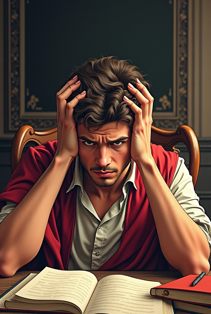 Roman Julius Caesar, Youngh, featuring , preoccupied, featuring as maos na cabeça, seated in a chair, in front of a table full of books, image drawing comic book