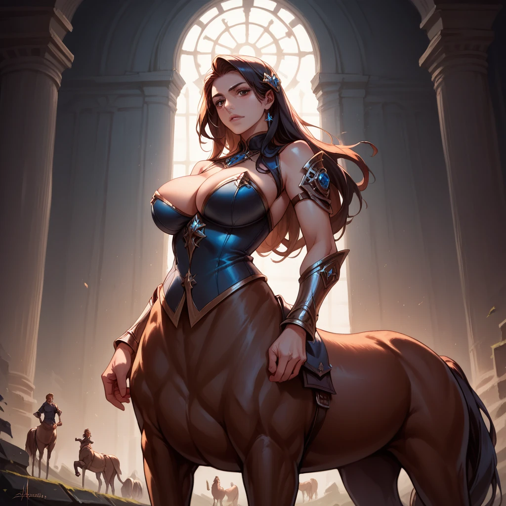 centaur woman, big breasts, human torso, horse body, highly detailed, intricate details, fantasy creature, cinematic lighting, dramatic shadows, epic, fantasy art style, hyperrealistic, extremely detailed, 8k, studio lighting, masterpiece, dark color palette