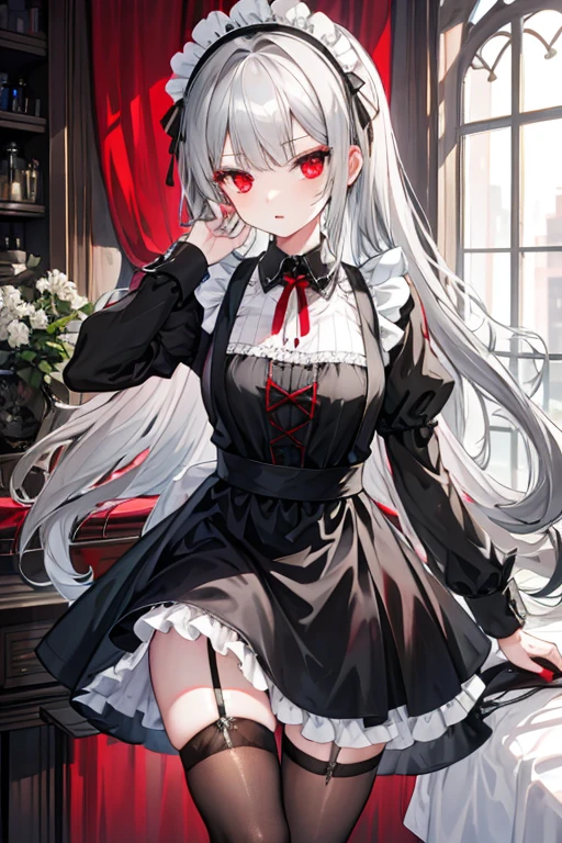One girl, Gray Hair, Maid dressed in black stockings, Inadequate clothing,Red eyes