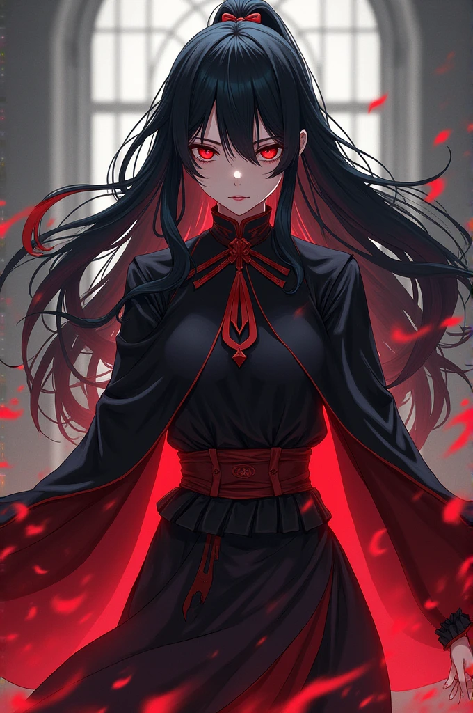 Black long hair red eyes black fox ears black fox tail wearing black and red dres