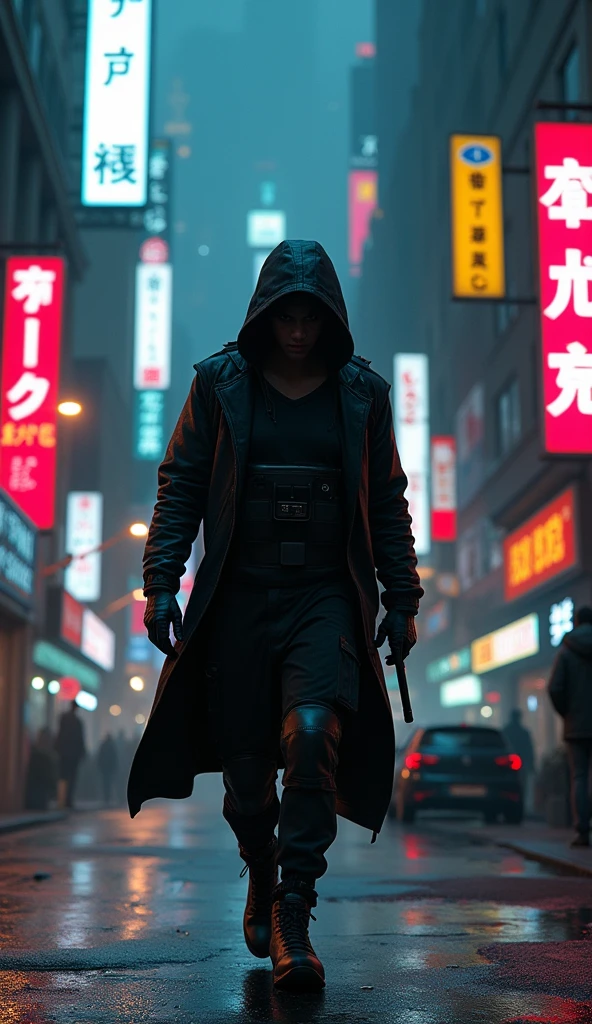 a cyberpunk marksman in a futuristic crime-ridden city, intricate details, dark shadows, neon lights, high contrast, moody atmosphere, sharp focus, cinematic composition, extreme detail, photorealistic, volumetric lighting, dramatic chiaroscuro, hyper-realistic, masterpiece