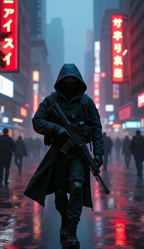 a cyberpunk marksman in a futuristic crime-ridden city, intricate details, dark shadows, neon lights, high contrast, moody atmosphere, sharp focus, cinematic composition, extreme detail, photorealistic, volumetric lighting, dramatic chiaroscuro, hyper-realistic, masterpiece