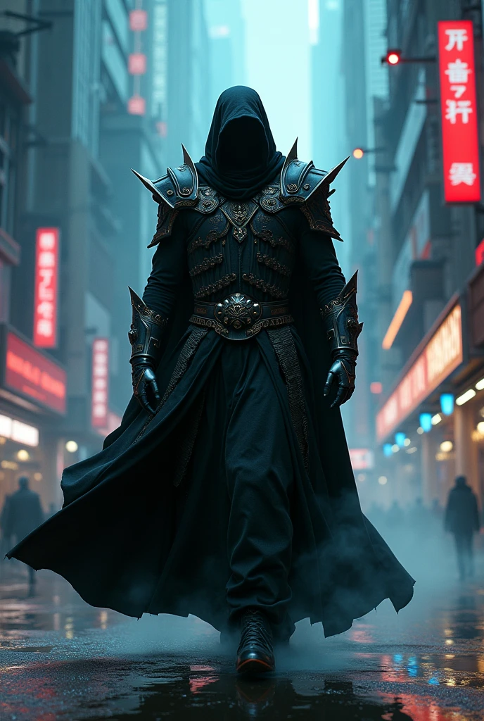man in black ritual clothing, aura talk, modern military armor, cyberpunk