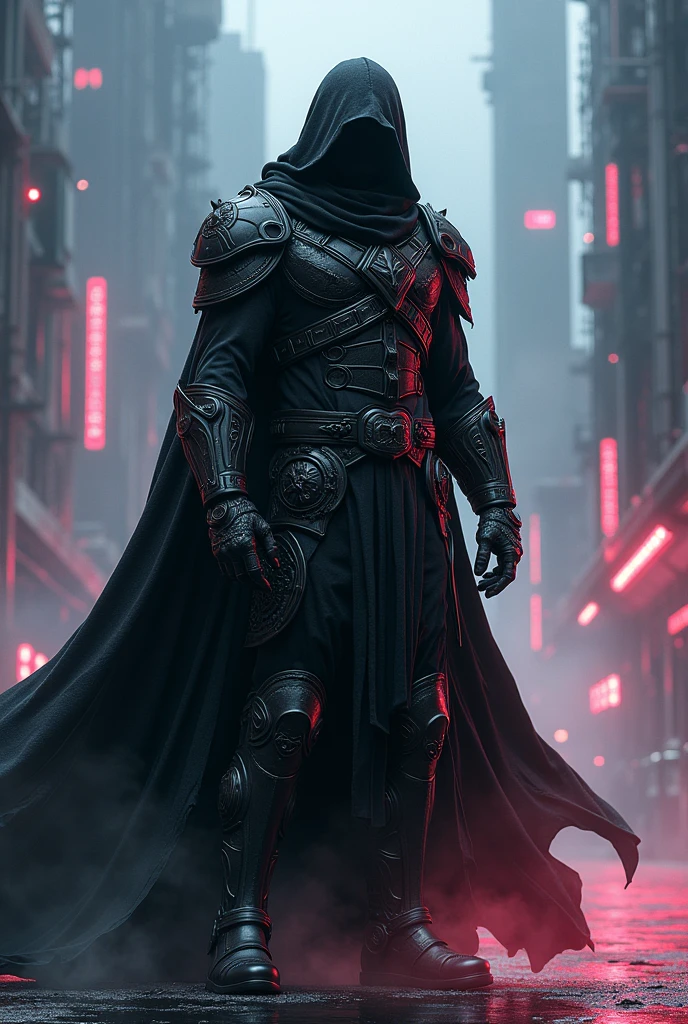 man in black ritual clothing, aura talk, modern military armor, cyberpunk