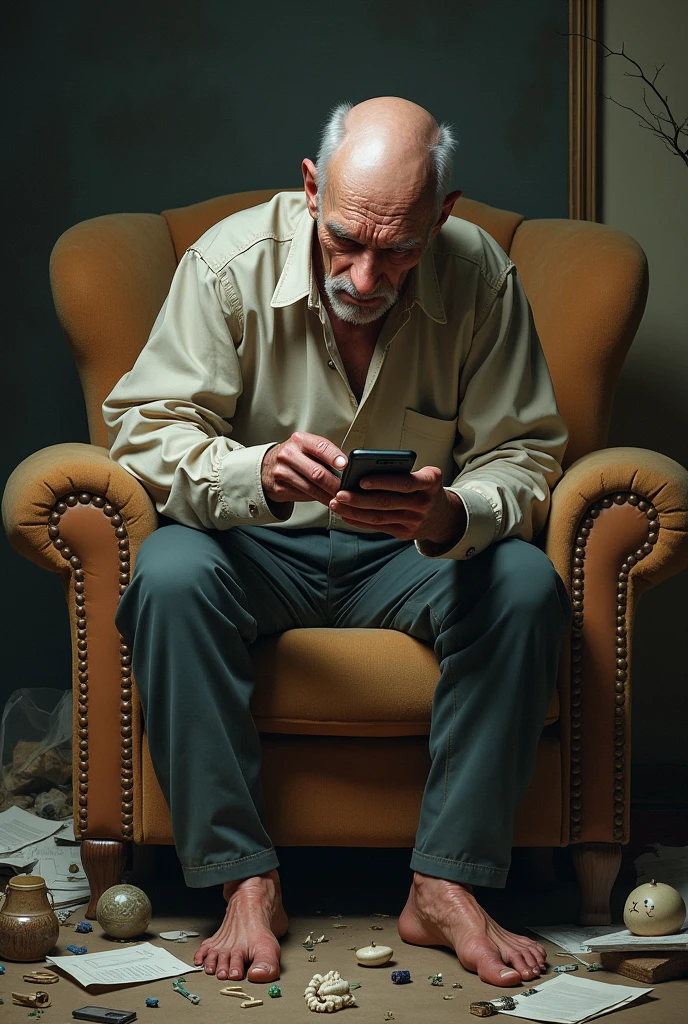 VERY SKINNY UGLY MAN SITTING ON THE SOFA TRYING ON HIS CELL PHONE WITH A BUNCH OF BS NEXT TO HIM