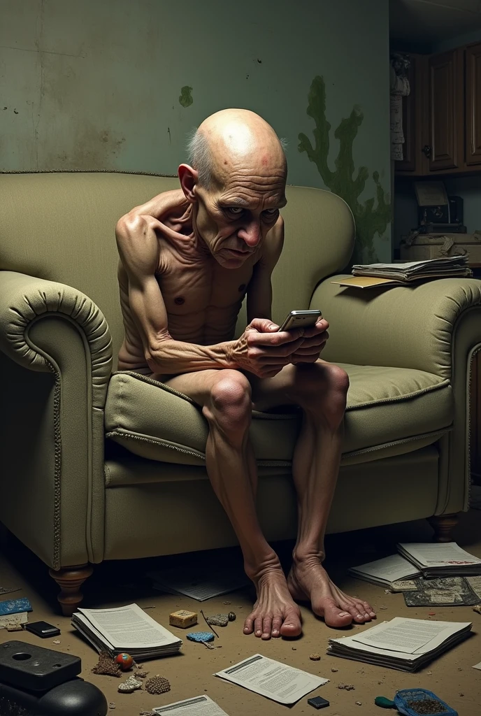 VERY SKINNY UGLY MAN SITTING ON THE SOFA TRYING ON HIS CELL PHONE WITH A BUNCH OF BS NEXT TO HIM