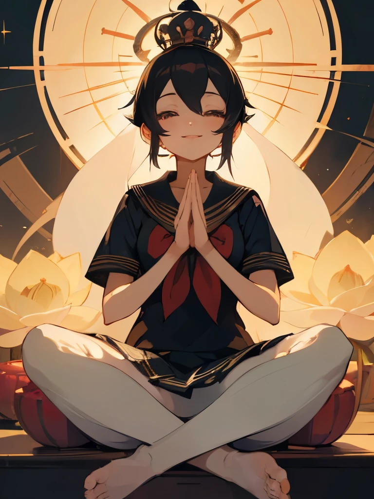 Black-haired Bodhisattva with crown, halo, lotus seat, meditating, smiling, cute lolita wearing sailor uniform, showing her feet