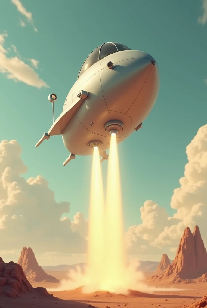 Create an animation of a small round ship from 1957 where this one is taking off