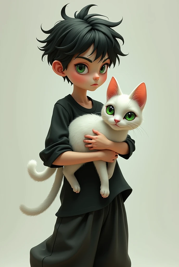 Image of an animated older boy with pale skin, green eyes, black baggy pants, black shirt and holding a white cat with a green face and purple eyes