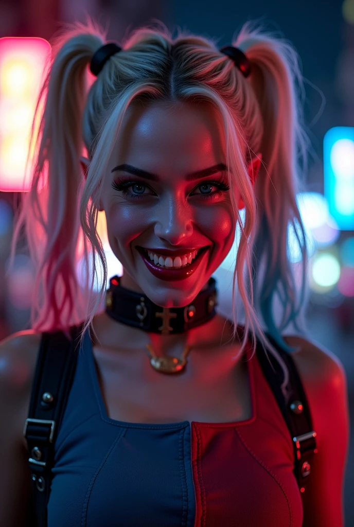 Margot Elise Robbie as Harley Quinn,Smile, night scene, red and blue light