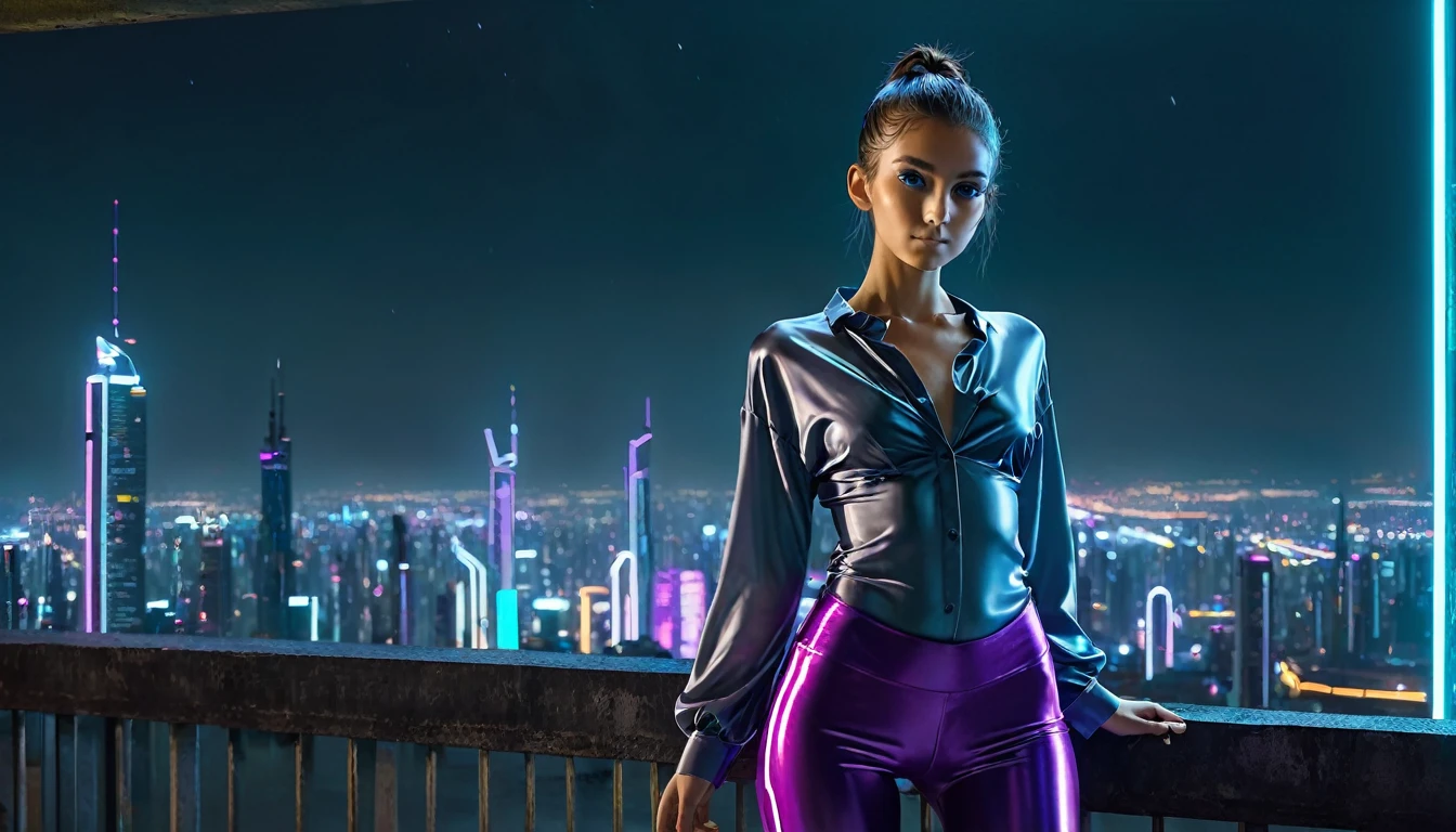 naked, nude, Top Quality, Masterpiece, High Resolution, 8k, (((cute skinny barely legal girl in oversized silky blouse and wetlook leggings, bare belly, wide neckline, deep neckline, small perky breasts, beautiful detailed eyes, beautiful detailed lips, small closed mouth, extremely detailed face, long ponytail hair, small hips)), cyberpunk apartment, moody atmosphere, dramatic and neon colors, futuristic setting, intricate details, at night, full body shot, view from afar