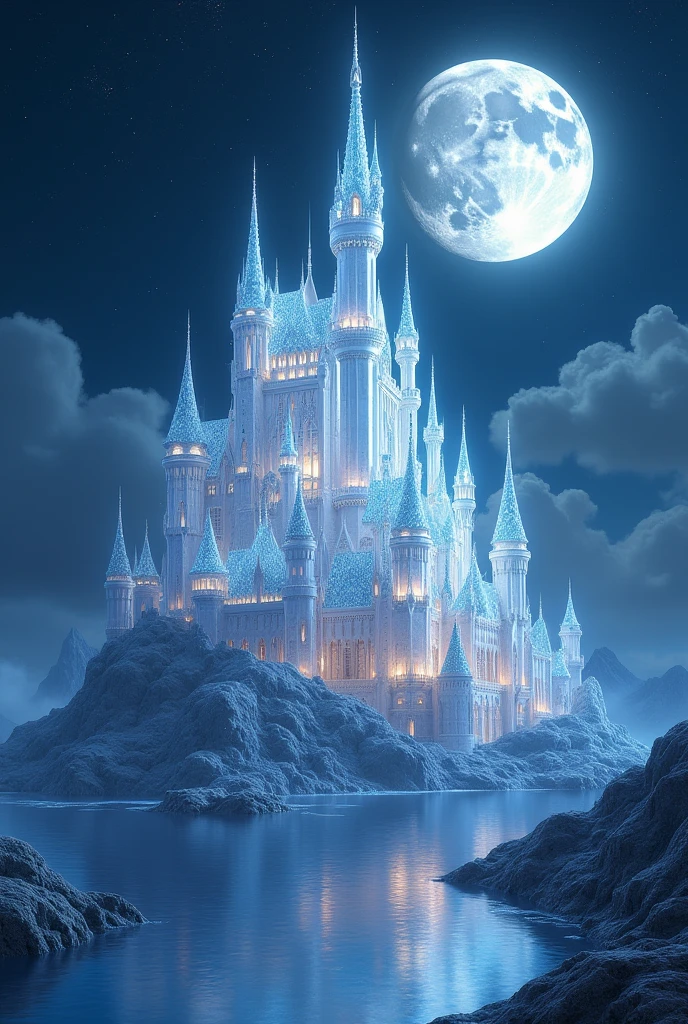 Create a crystal castle where the moonlight is reflected in the water and is fantasy.