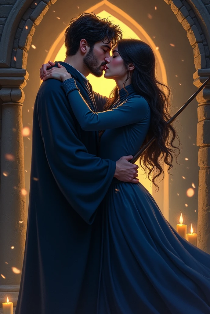 A short black-haired wizard with a beard and a short black-haired witch from Ravenclaw house kissing
