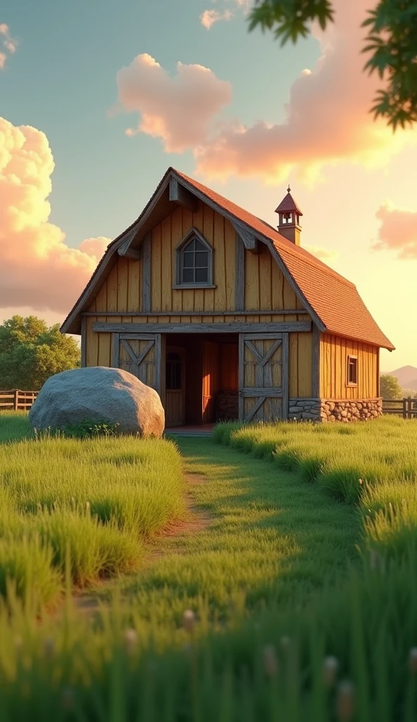 Draw a large stone at the entrance to a farm barn. The farm should be picturesque and detailed, with green fields and a sunrise sky with soft orange and pink tones, in a 3D animated style.