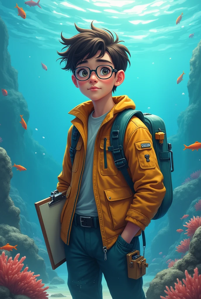 A teenage male marine biologist with glasses 