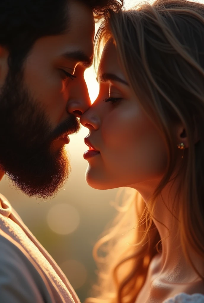 Male mouth and chin with beard kissing female cheek