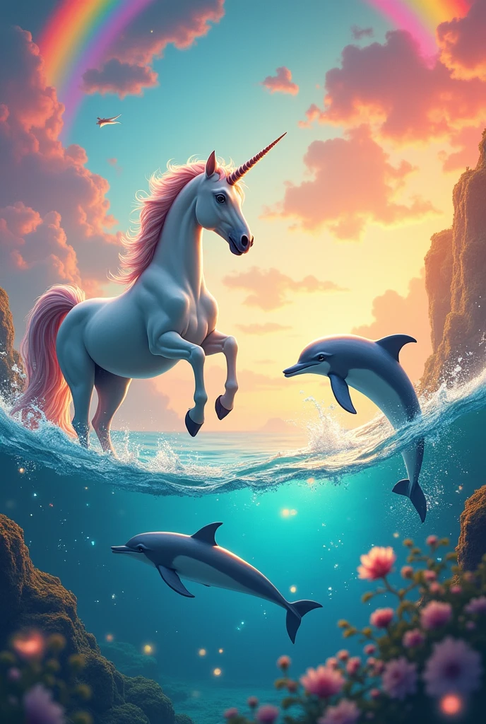 Unicorn and dolphins with rainbow background