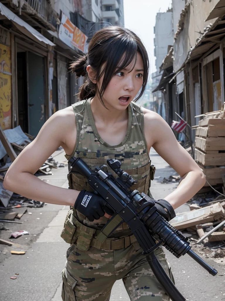 A female soldier runs with a machine gun through a war-torn city,Heavy breathing,