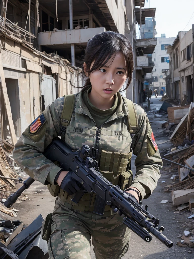 A female soldier runs with a machine gun through a war-torn city,Heavy breathing,