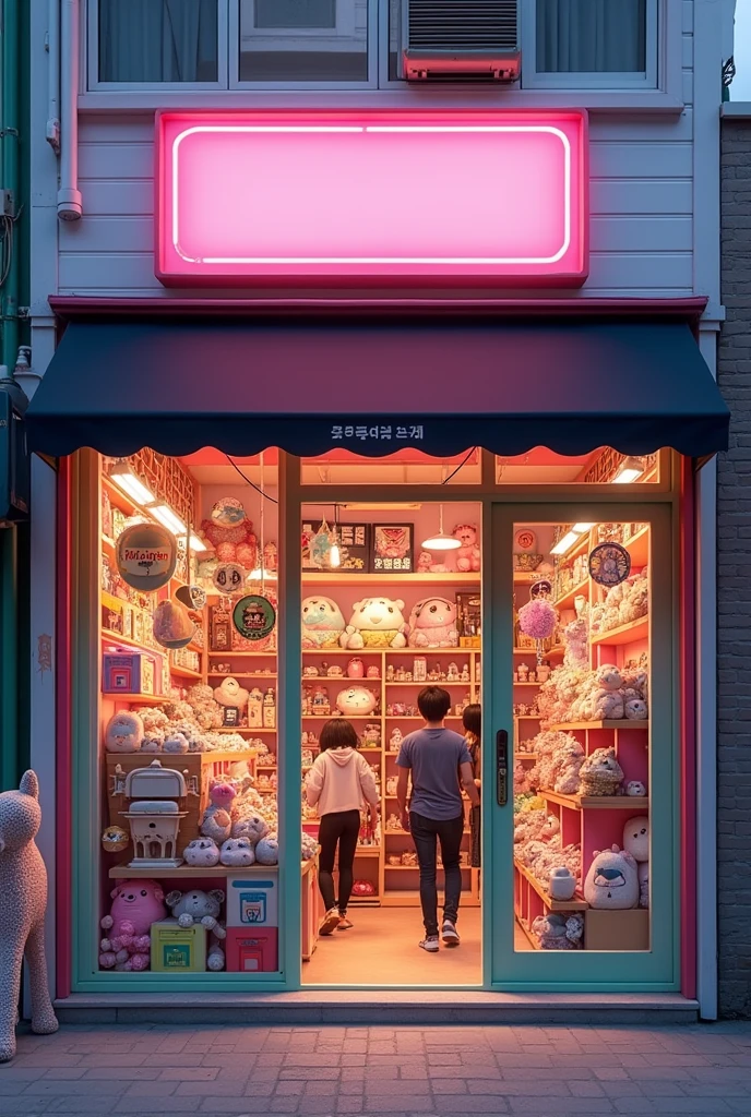 toy store in south korea, realistic facade, blank sign with pink lights, stuffed animals dolls bears kites toy cats gonggi ddakji , wide windows hyper realistic pastel-colored walls, horse of coins outside, arcade video game outside, a skull sign in the window, slats hanging from the ceiling, black awnings korean aesthetic, wide background with people inside