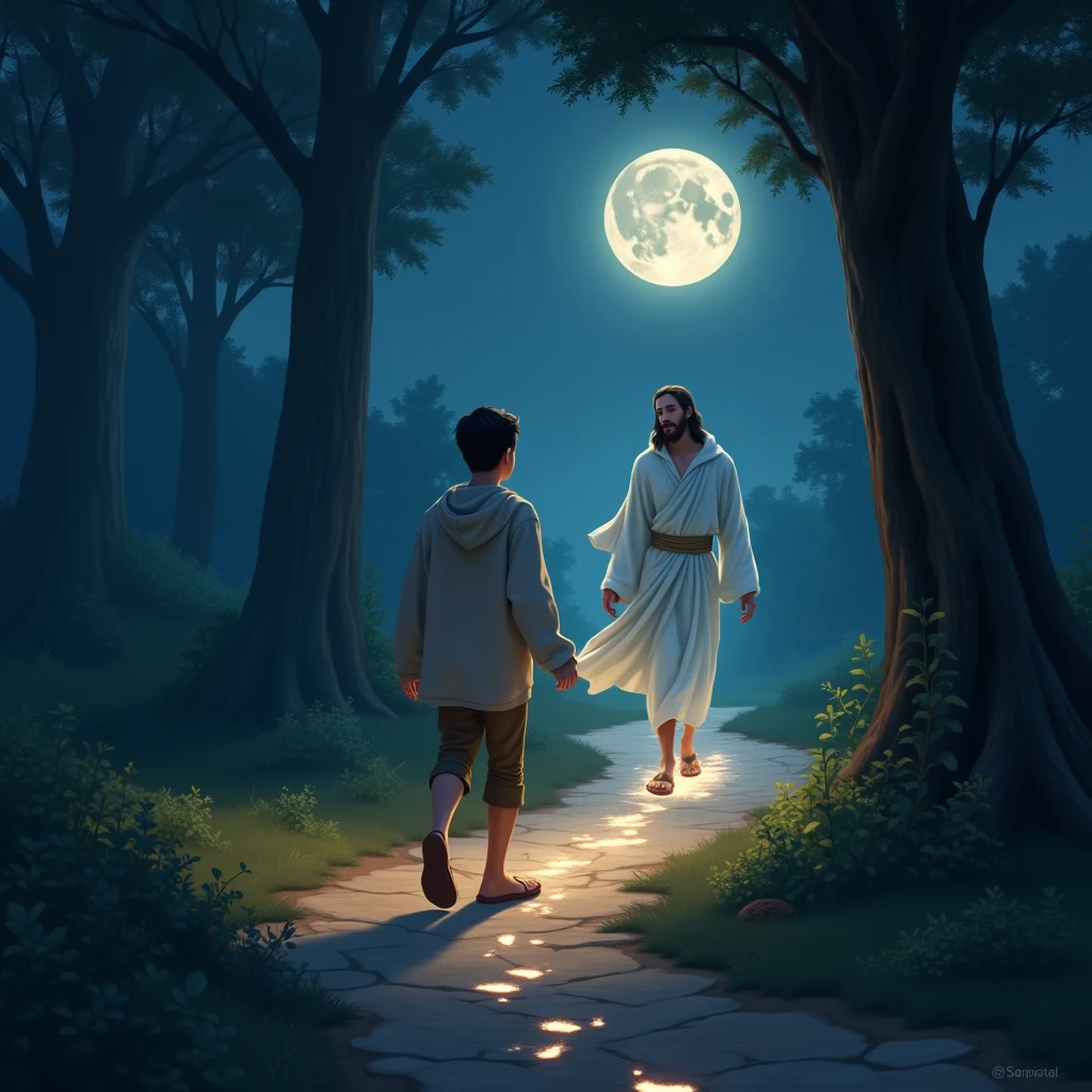 Young adult walking on a path at night and Jesus accompanies him; Jesus' footsteps leave shining footprints. Pixar style.