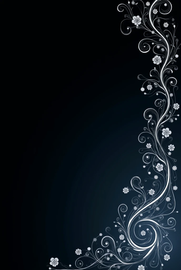 A dark, elegant background that closely mirrors the original image with a black left side transitioning to dark blues on the right. The right side of the image should feature intricate, swirling patterns reminiscent of the original floral designs, but with musical notes and symbols instead of flowers. These musical elements should maintain the same flow and arrangement as the original design, with a subtle gradient of white to gray as they blend into the background. The overall composition should capture the same delicate balance and symmetry as the uploaded image, with a clear focus on the right side.