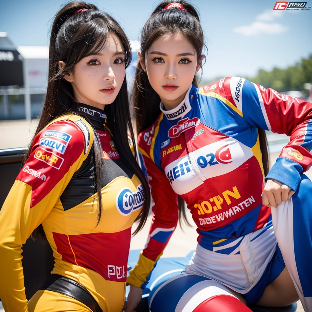 Super detailed photos、Detailed face、Cool woman、Colorful costumes、F1 Driver Cosplay、Colorful costumes、Clothing with company logo、The Grid Girls' colorful and flashy costumes、Grid Girls、Perfect Face、Paddock Girls、harem、motor Show、tights、Bodycon Costumes、Grid Girls、Russia、Grid Girlsのコスプレ、belly button、Pleated skirt、Bodycon Costumes、Legs open pose、With legs spread