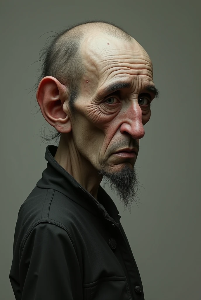 (photorealism:1.2), slim man, hunchback, cross-eyed, small beard, looking from right side