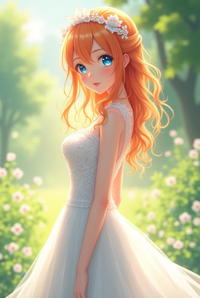 a girl about 20 years old. She has orange hair, sparkling blue eyes, wearing a white wedding dress, she is the bride. anime character