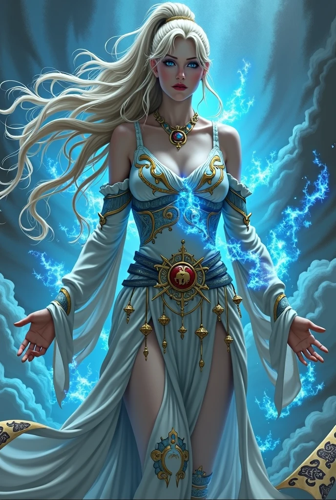 Wind goddess wonded after battle, the body wrapped by sutra, fantasy, have blue glowing eyes, blonde, with ponytail long hair

