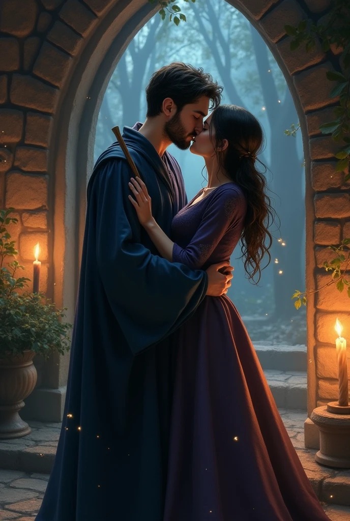 A short black-haired wizard with a beard and a short black-haired witch from Ravenclaw house kissing
